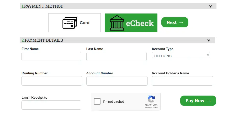 The Payably payment page on the eCheck option, with routing number, account number and account holder fields