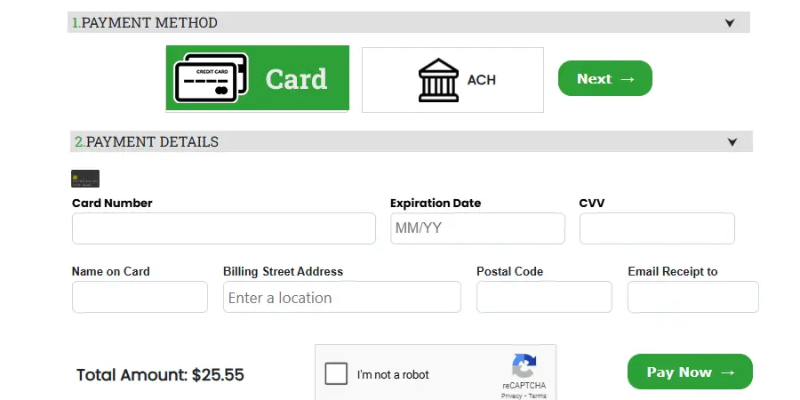 The Payably payment page on the Card option, with card number, expiry, CVV and billing fields, total $25.55