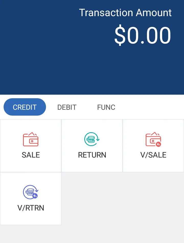 A PAX terminal showing the credit menu with Sale, Return, Void Sale and Void Return options