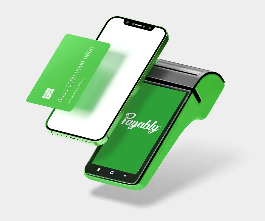 A Payably-branded card terminal and phone with a payment card floating above them