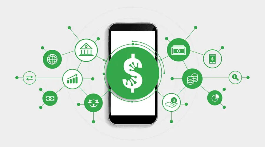 An illustration of a phone surrounded by banking, payment and reporting icons