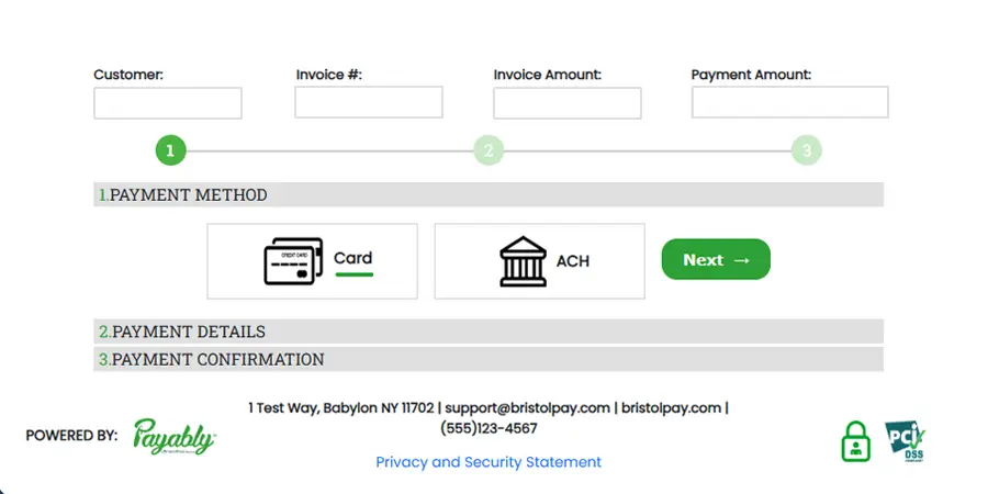 Step one of the Payably payment page: choosing Card or ACH, with the three-step progress bar