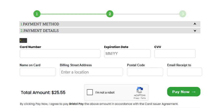 Step two of the Payably payment page: entering card details, with a Pay Now button