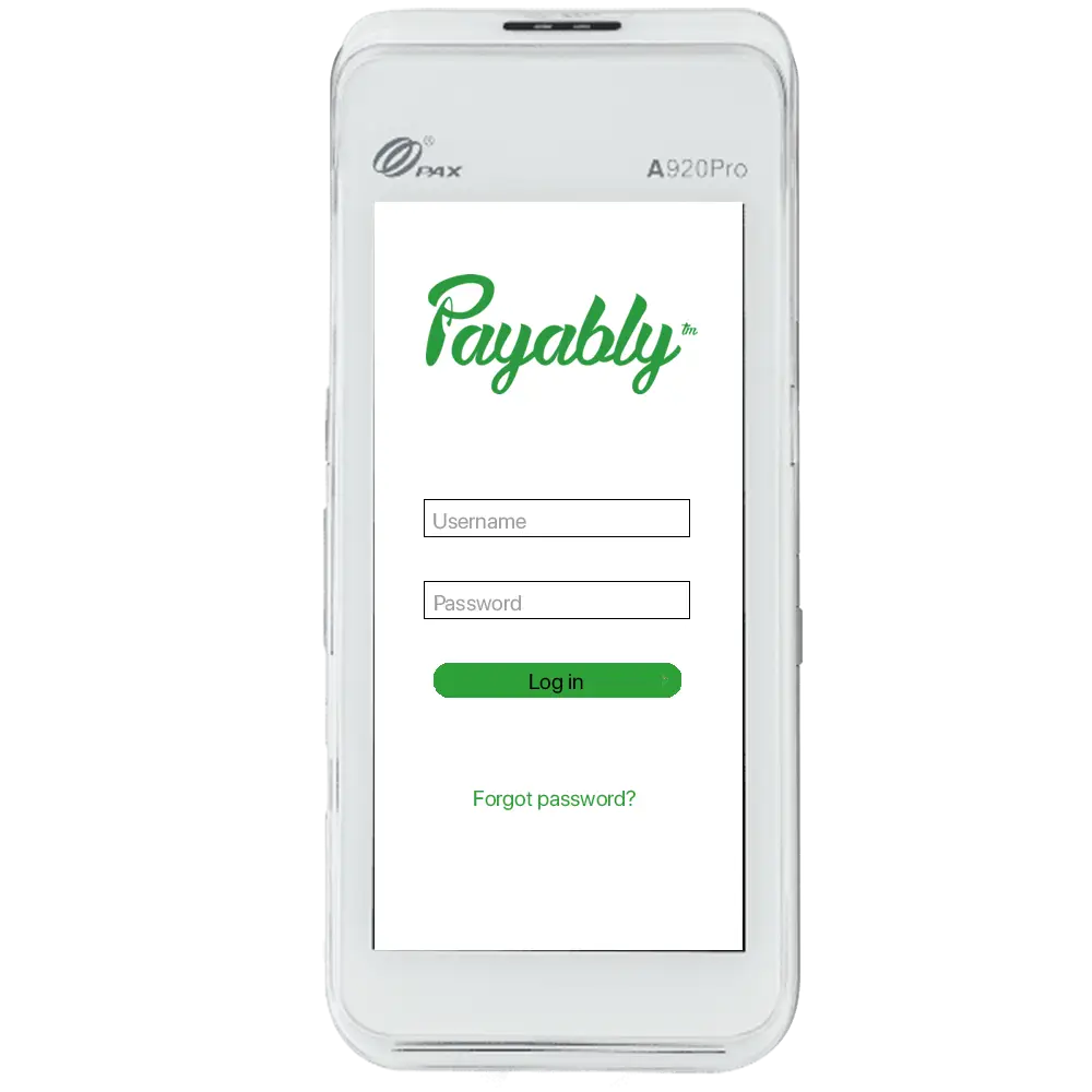 A Payably login screen on a PAX A920 Pro card terminal