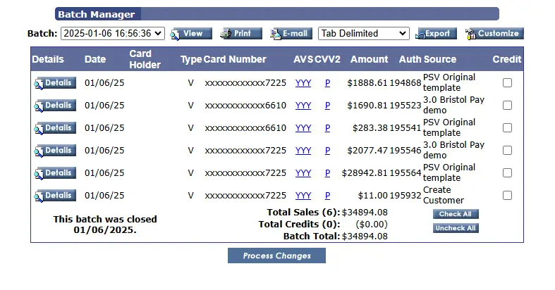 A batch report showing card transactions grouped for reconciliation